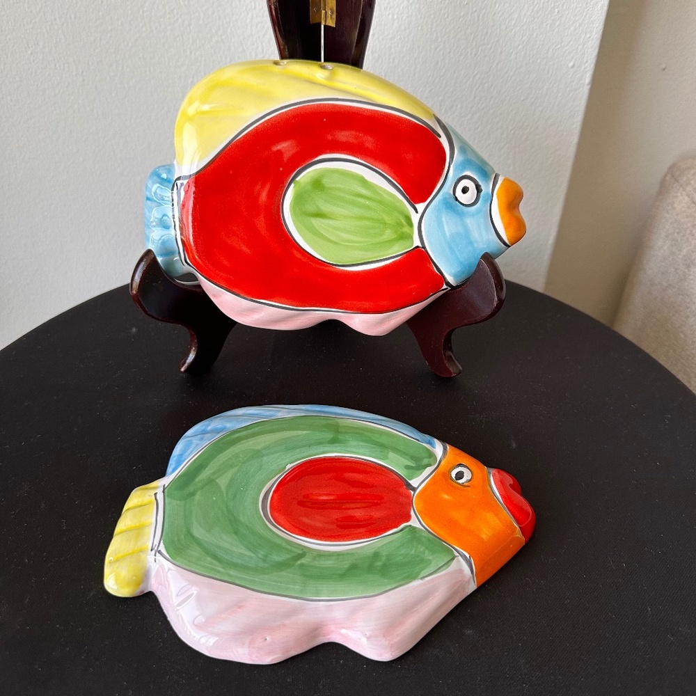 Set of 2 LA MUSA Italy Hand Painted Ceramic Fish Colorful MCM Wall Plaques Set 4